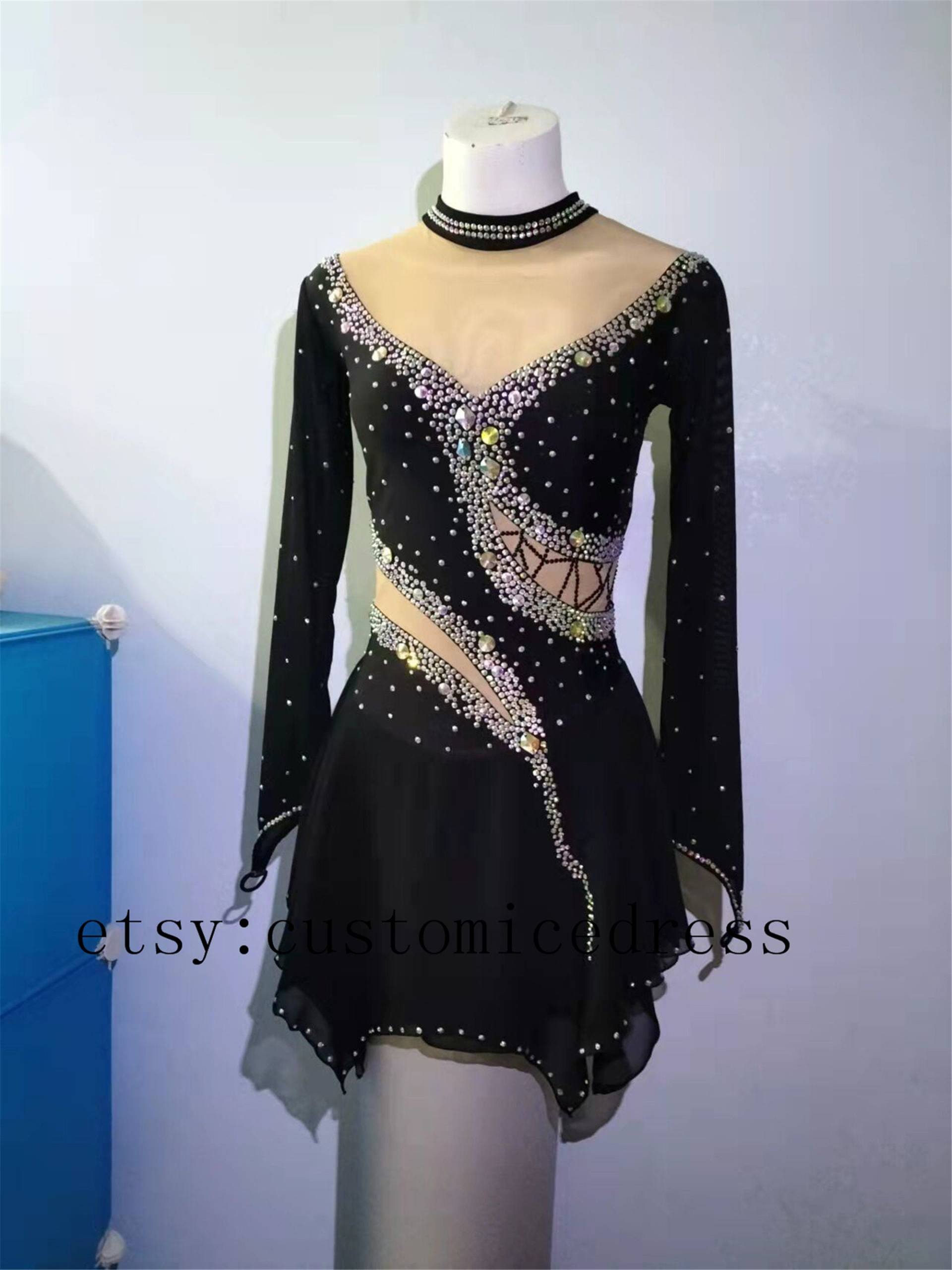 Eistanzkleider Maßanfertigung Mädchen Perlen Beaded Custom Damen Wettbewerb Eiskunstlaufkleid Tanzkleid Schwarz von customicedress