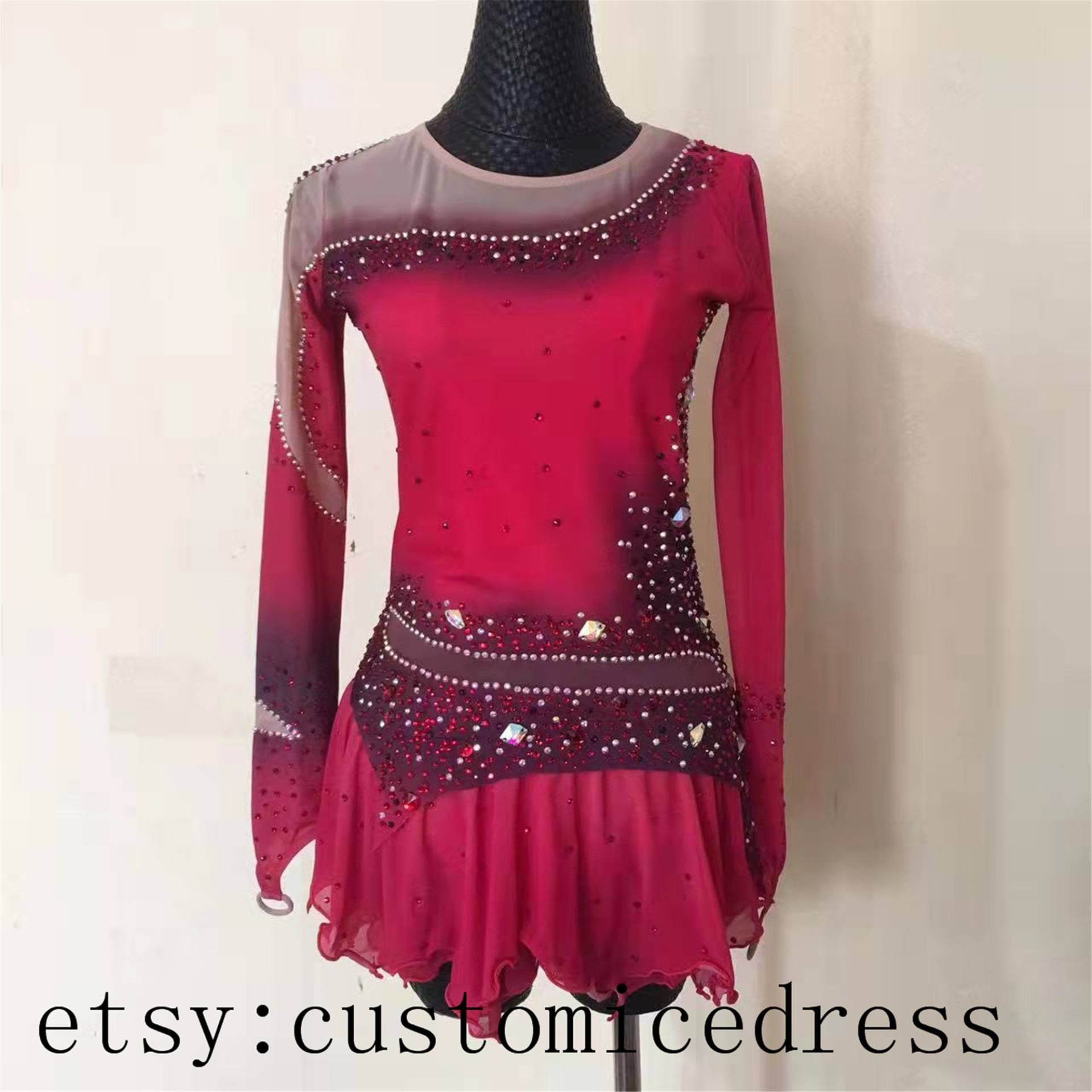 Rote Eiskunstlaufkleider Für Mädchen Custom Eiskunstlaufkleid Frauen Crystal Lange Ärmel von customicedress