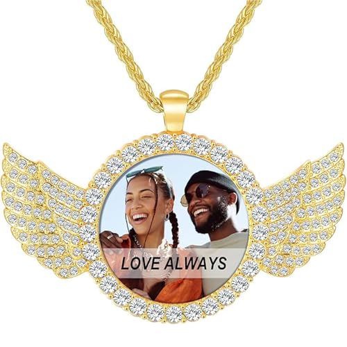 Personalisierte Engelsflügel-Foto-Halskette, runde Halskette mit Bild im Inneren, individuelle Erinnerungskette Schmuck für Damen und Herren, Halskette für Hip-Hop-Schmuckliebhaber von customty