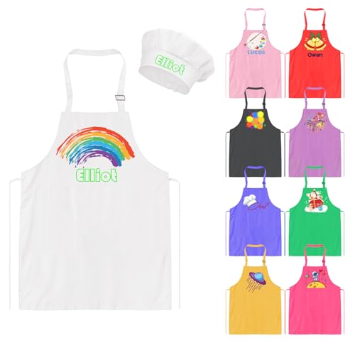 custyoulife Personalisierte Kinder Schürze und Chef Hut Set mit Name Benutzerdefinierte Kinder Schürze und Chef Hut Einstellbare Kochen Backen Küche Malerei Jungen Mädchen Geschenk von custyoulife