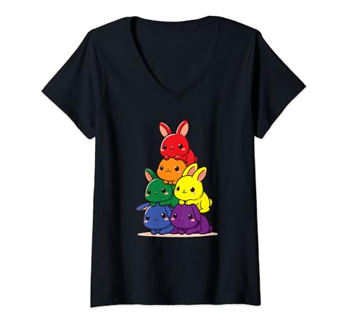 Damen Hasen Regenbogen Flagge Pride Monat süßer Hase LGBTQ T-Shirt mit V-Ausschnitt von cute animals LGBTQ+ Pride Month