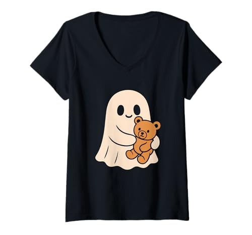Damen Niedlicher Geist mit Teddy T-Shirt mit V-Ausschnitt Damen Niedlicher Geist mit Teddy T-Shirt mit V-Ausschnitt von cute ghost teddy bear cozy spooky fall halloween