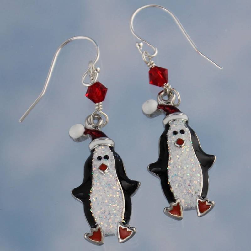 Glitzernder Pinguin in Einer Weihnachtsmütze Ohrringe - Schwarz Und Weiß Emaillierte Anhänger An Sterling Silber Haken - Winter Christmas Fun von cuteandfun