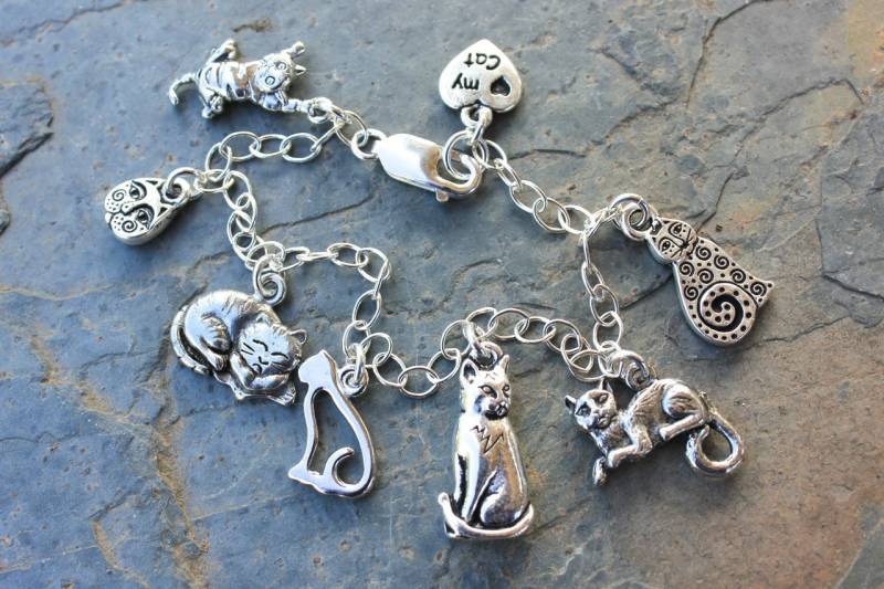 Love My Cat Charm Armband/Fußkettchen - Versilbert Kitty Themen Charms Auf Sterling Silber Kette Für Katzenliebhaber Viele Größen Erhältlich von cuteandfun