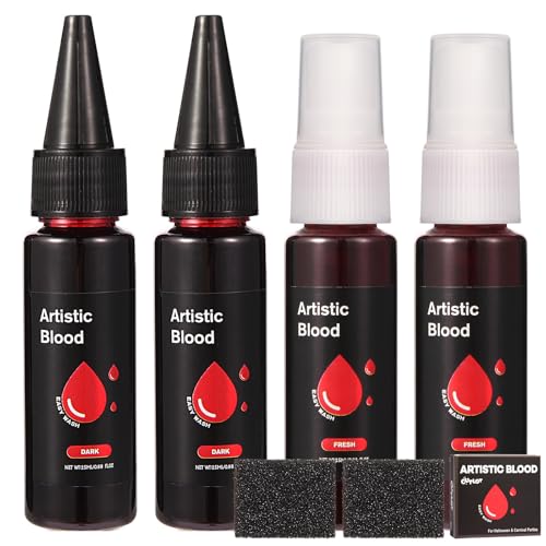 Halloween 100ml Kunstblut Set, 2x25ml Fake Blood Spray, 2x25ml Fake Blood Tropfendes, 2 Schwamm, Kunstblut Auswaschbar für Kleidung und Haut, Kunst Blut für Halloween, Karneval, Simulierte Wunden von cutlot
