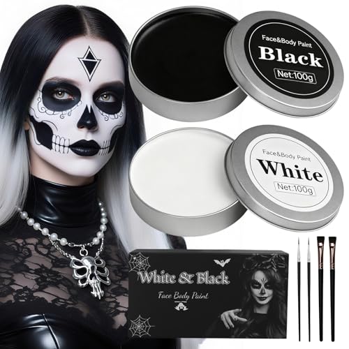 Halloween Schminke Schwarz Weiß Set 200g - 100g Schwarz & 100g Weiß + 4 Pinsel für Grusel Make up, für Erwachsene Kinder, Kinderschminke Fasching, Face Paint, SFX Cosplay von cutlot