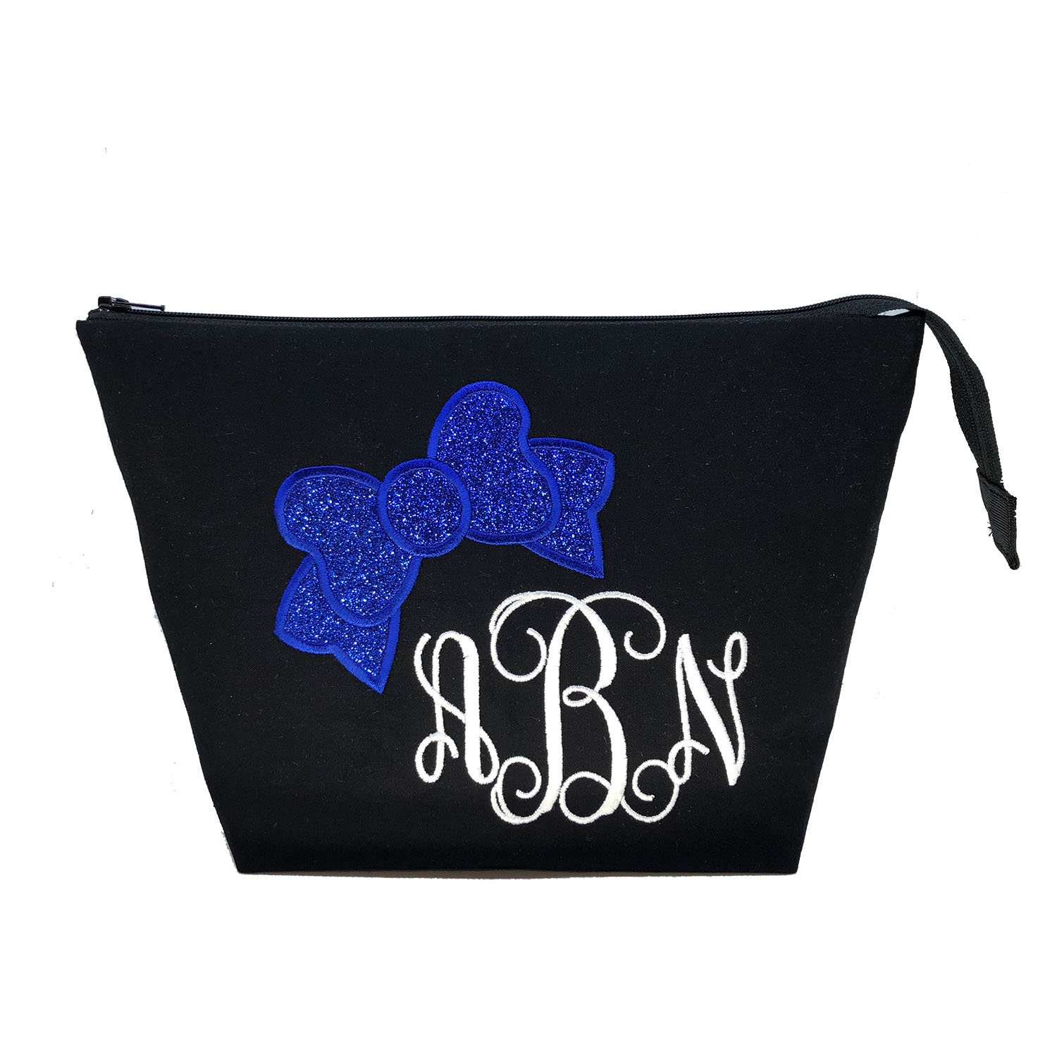 Große Rv Monogrammiert Cheer Bogen Kosmetiktasche, Schwarz Und Königsblau Glitter Bag Große Rv Monogrammiert Cheer Bogen Kosmetiktasche, Schwarz Und Königsblau Glitter Bag von cutsnstitches