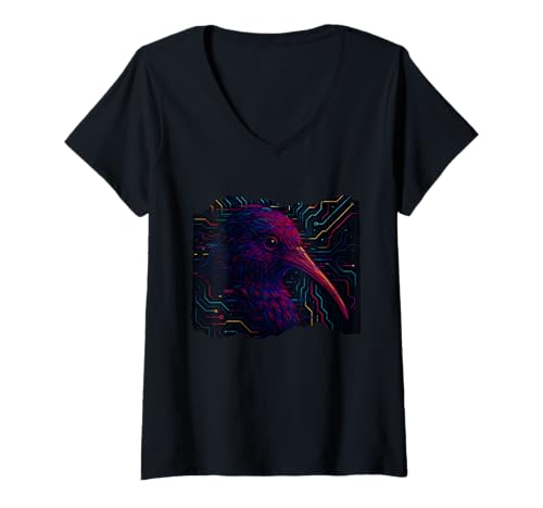 Damen Cyber Kiwi Circuit-Profil T-Shirt mit V-Ausschnitt Damen Cyber Kiwi Circuit-Profil T-Shirt mit V-Ausschnitt von cyber kiwi circuit tech bird kiwi bird apteryx new