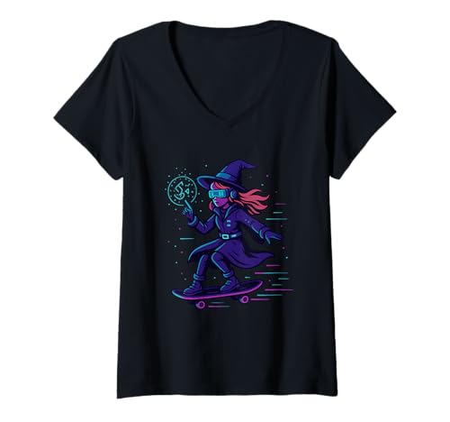 Damen Cyber Witch auf Skateboard T-Shirt mit V-Ausschnitt Damen Cyber Witch auf Skateboard T-Shirt mit V-Ausschnitt von cyber witch skateboard gamer magic halloween