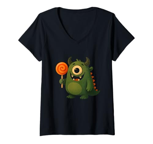 Damen Niedliches Zyklopen-Monster mit Lutscher T-Shirt mit V-Ausschnitt Damen Niedliches Zyklopen-Monster mit Lutscher T-Shirt mit V-Ausschnitt von cyclops monster lollipop cute halloween halloween