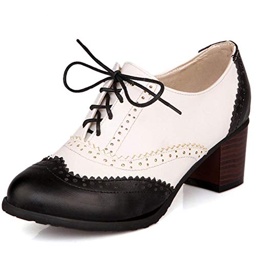 cynllio Damen Vintage Wingtips Schnürschuhe Oxfords Brogues Schuhe Mid Chunky Heels Pumps Perforiert Kleid Sattelschuhe, 7 Schwarz, 41.5 EU von CYNLLIO