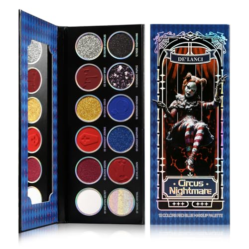 Blau Rote Lidschatten Palette Clown Make-Up Eyeshadow, 12 Farben Burgunry Blau Red Schimmer Multichrome Matt Glitter Metallic eye shadow für Smokey Joker Gothic hochpigmentiertes SFX Kostüm looks Blau Rote Lidschatten Palette Clown Make-Up Eyeshadow, 12 Farben Burgunry Blau Red Schimmer Multichrome Matt Glitter Metallic eye shadow für Smokey Joker Gothic hochpigmentiertes SFX Kostüm looks von cypedo