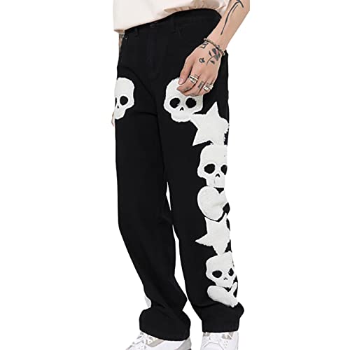 cypreason Baggy-Jeans für Herren - Streetwear Herren Baggy Punk Rock Jeans mit grafischem Totenkopf-Print,Lässige, lockere Jeanshose im Harajuku-Stil von cypreason