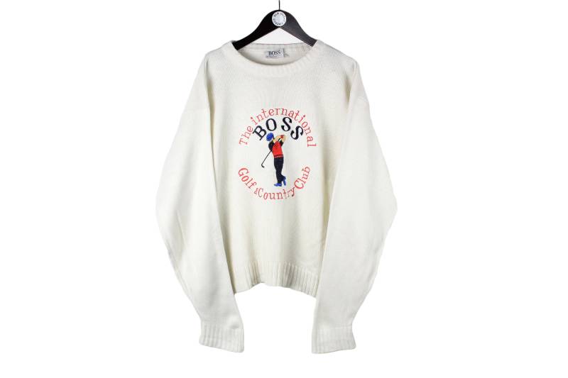 Vintage Hugo Boss Sweater Grosses Golf Logo Grösse Xl Herren 90Er 80Er Retro Luxus Langarm Pullover Crewneck Weiss Basic Warm Sweat von dDushy