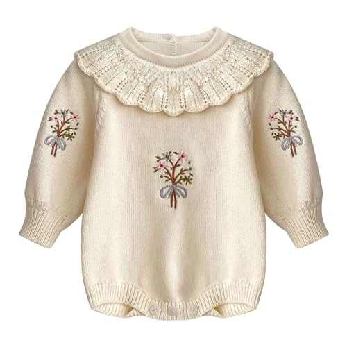 dPois Baby Mädchen Pullover Strickpullover Baumwolle Sweater Oberteil mit Volant Kragen Blumen Muster Kleinkind Herbst Winter Outfit Champagner 86-92 von dPois