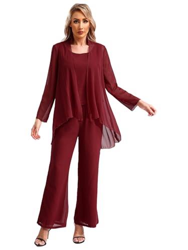dPois Damen 3tlg. Chiffon Hosenanzug Elegant Hochzeit Brautmutter Outfit Cardigan Tank Top Shirt mit Lange Hose Loose Fit Cocktail Party Outfit Burgundy XL von dPois