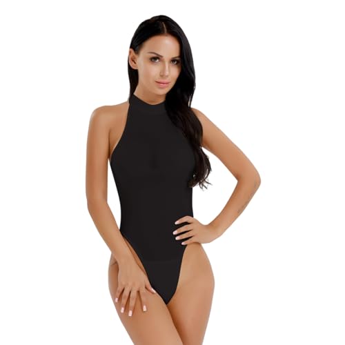 dPois Damen Ärmellos Body Thong Sport Tanz Leotard Bodysuit Sexy Frauen Unterhemd Stringbody Offen Schritt Overall Reizwäsche Schwarz One_Size von dPois