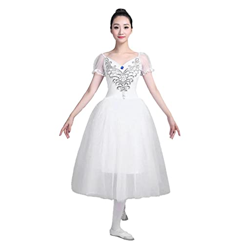 dPois Damen Ballettanzug Tutu Ballettkleid Trikot Leotard Kleider Kurzarm Tanzkleid Lang V-Ausschnitt Elegant Schwanz Ballerina Kostüm Ballettkleidung Weiß XXL von dPois