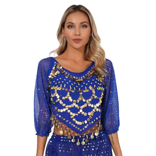 dPois Damen Bauchtanz Oberteil Kostüm Kurzarm/Langarm Crop Tops Bluse Tanztop mit Pailletten Tanzkleidung Fasching Bühne Outfit Langarm_Königsblau Einheitsgröße von dPois