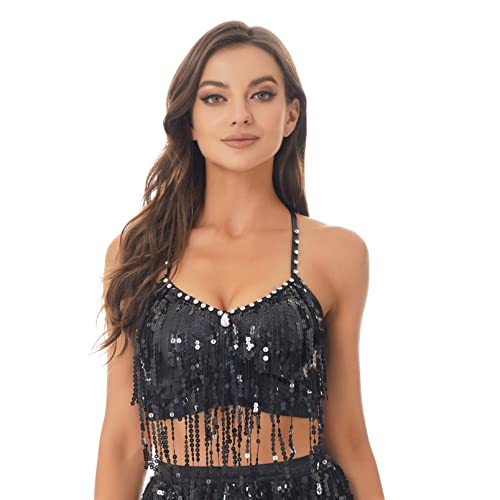 dPois Damen Bauchtanz Oberteil Kostüm Sexy Crop Top Tanktops V-Ausschnitt Tops BH mit Pailletten Fransen Quasten Ärmellos Glitzer Tanzkleidung Schwarz M von dPois