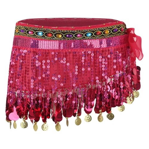 dPois Damen Bauchtanz Rock Hüftgürtel Wickelrock mit Pailletten Münzen Quasten Fransen Rock Bauchtanz Kostüm Halloween Hot Pink Einheitsgröße von dPois