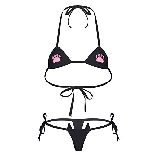 dPois Damen Bikini Dessous Set Sexy Katze Bademode mit Katzenpfote Stickerei Neckholder Top BH Bikini Trunks Slip Zweiteiliger Badeanzug Sommer Strand Schwarz OneSize von dPois