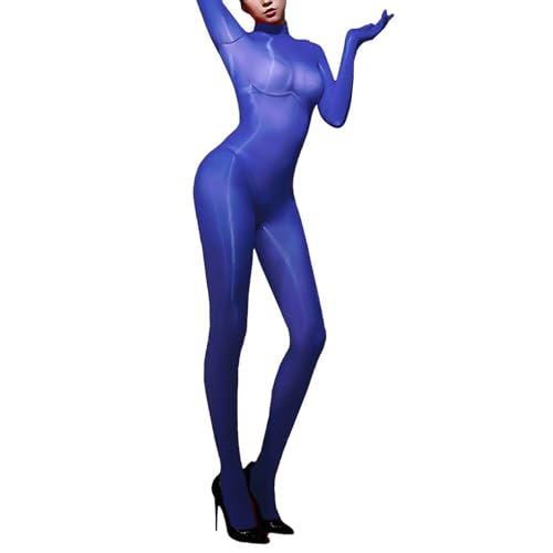 dPois Damen Bodystocking Ölig Glänzend Stockings Ganzkörper Strumpfhose Transparent Overall Unterwäsche Reizwäsche Blau One Size von dPois