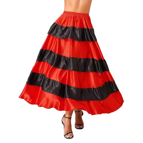 dPois Damen Flamenco Rock Lang Tanzrock Bauchtanz Rock Hohe Taiile 720 Grad Maxirock Bühne Performance Outfit Typ A Rot 180 Grad von dPois