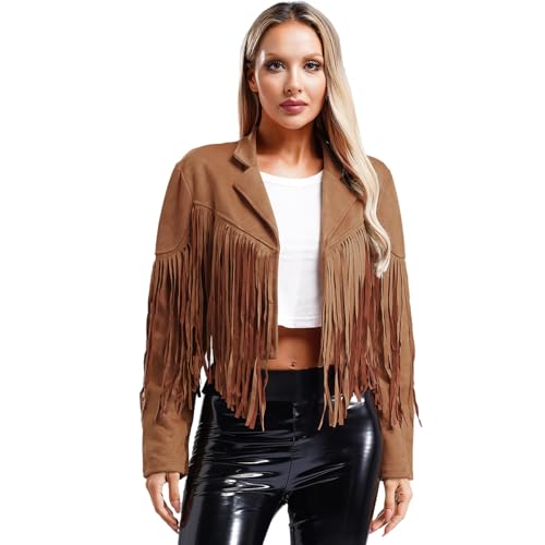 dPois Damen Fransenjacke Kurz Langarm Cropped Jacke Oberteil Wildlederjacke mit Revers Vintage Hippe Western Cowboy Kostüm Braun S von dPois