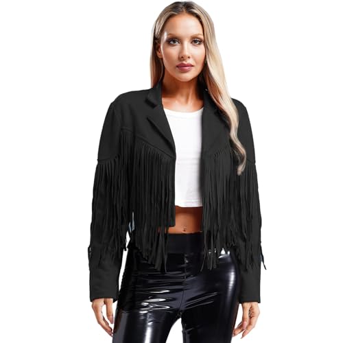 dPois Damen Fransenjacke Kurz Langarm Cropped Jacke Oberteil Wildlederjacke mit Revers Vintage Hippe Western Kostüm Schwarz M von dPois