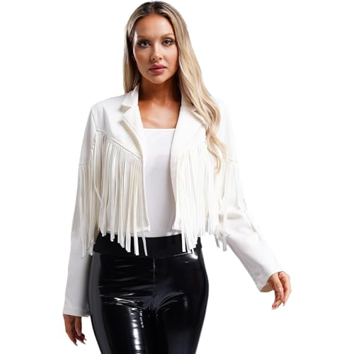 dPois Damen Fransenjacke Kurz Langarm Cropped Jacke Oberteil Wildlederjacke mit Revers Vintage Hippe Western Cowboy Kostüm Weiß S von dPois