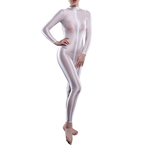 dPois Damen Glänzende Overall Jumpsuit Ganzkörper Anzug Body mit Reißverschluss Stehkragen Unterwäsche Erotik Dessous Nachtwäsche Weiß One Size von dPois