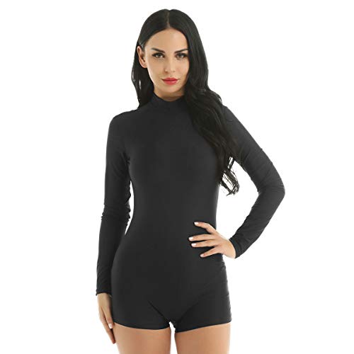 dPois Damen Gymnastikanzug Tanzanzug Trikot Langarm mit Stehkragen Atmungsaktiv Stretch Einteiler Bodysuit Einfarbig Schwarz Medium von dPois