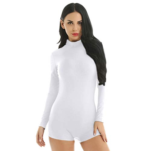 dPois Damen Gymnastikanzug Tanzanzug Trikot Langarm mit Stehkragen Atmungsaktiv Stretch Einteiler Bodysuit Einfarbig Weiß Medium von dPois