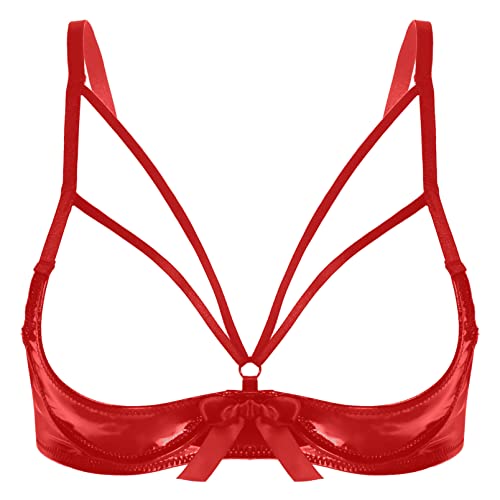 dPois Damen Hebe BH Push Up Offene Brust Büstenhebe Sexy Lack Leder Oberteil Top Unterwäsche Reizwäsche Ouvert Dessous Rot 3XL von dPois