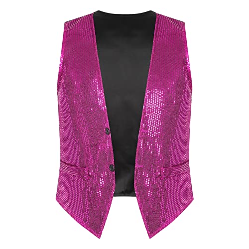 dPois Damen Herren Pailletten Weste Anzugweste Ärmellos Jacke Glitzer Waistcoat mit Knopfleiste Vintage 80er Disco Tanz Kostüm Fasching Karneval Hot Pink L von dPois