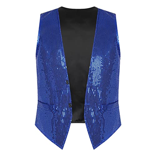 dPois Damen Herren Pailletten Weste Anzugweste Ärmellos Jacke Glitzer Oberteil Waistcoat mit Knopfleiste Vintage 80er Disco Tanz Kostüm Fasching Karneval Royal Blau XXL von dPois