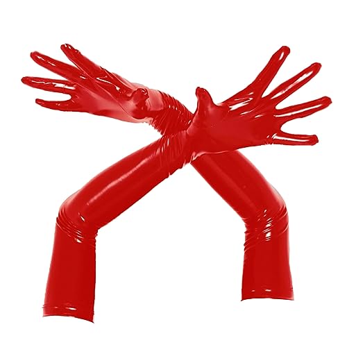 dPois Damen Herren Wetlook Handschuhe Lack Leder Lange Fingerhandschuhe Gothic Abendhandschuhe Fingerlos Armstulpen Halloween Party Clubwear A Rot S von dPois