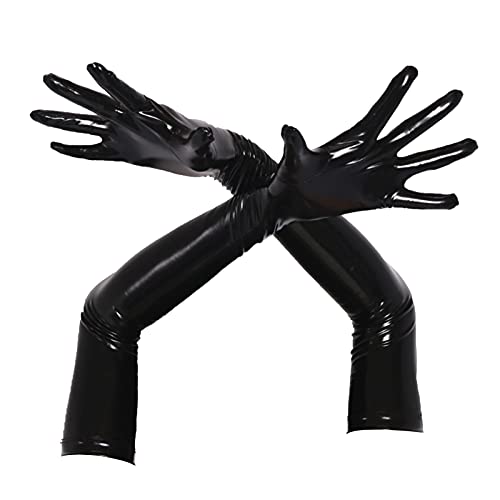 dPois Damen Wetlook Handschuhe Lange Kunstleder Fingerhandschuhe Abendhandschuhe Armstulpen Gothic Punk Kostüm Halloween Party Rave Clubwear Schwarz L von dPois