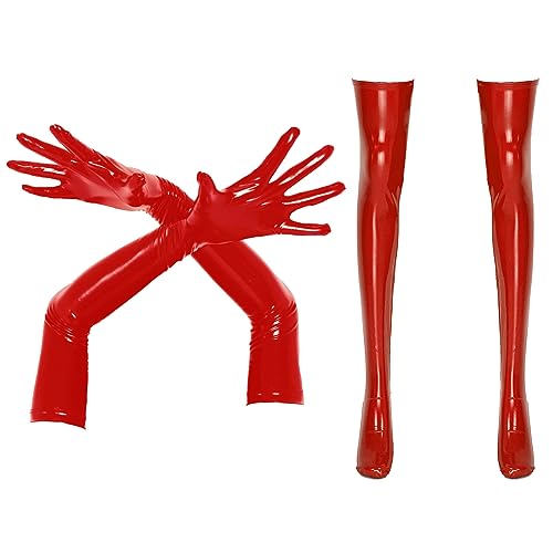 dPois Damen Herren Wetlook Handschuhe Lack Leder Lange Fingerhandschuhe Gothic Abendhandschuhe Fingerlos Armstulpen Halloween Party Clubwear Rot_Handschuhe&Strümpfe L von dPois