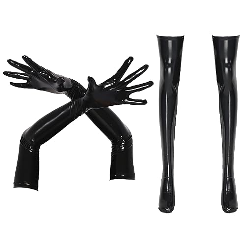 dPois Damen Lackleder Handschuhe Lange Fingerhandschuhe mit Kniestrümpfe Overknee Strümpfe Sexy Wetlook Unterwäsche Gothic Punk Kostüm Schwarz M von dPois