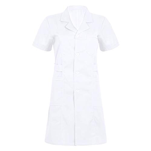 dPois Damen Krankenschwester Kleid Medizinische Pflegerin Uniform Baumwolle Kurzarm mit seitlichen Taschen Arztin Labor Kittel Arbeitskleidung Weiß Medium von dPois