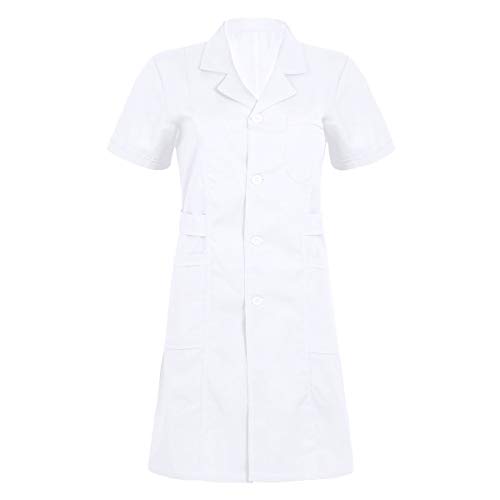 dPois Damen Krankenschwester Kleid Medizinische Pflegerin Uniform Baumwolle Kurzarm mit seitlichen Taschen Arztin Labor Kittel Arbeitskleidung Weiß X-Large von dPois