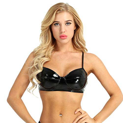 dPois Damen Lack Leder BH Push Up Sexy Bra Bustier Bügellos BH Büstenhalter Wetlook Oberteil Top mit Spagettiträger Dessous Schwarz XX-Large von dPois