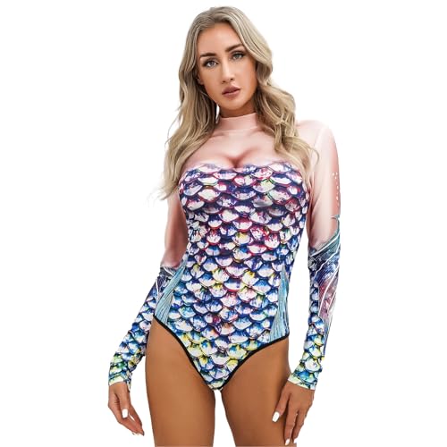 dPois Damen Langarm Meerjungfrau Badeanzug Bademode mit Fischschuppe Druck Frauen Schwimmanzug UV-Schutz Beachwear Badebekleidung für Schwimmen Surfen Tauchen Bunt Rosa_B S/M von dPois