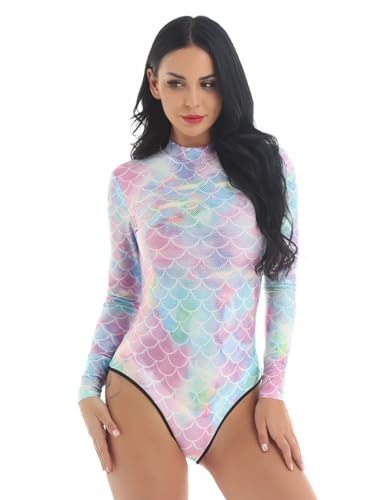 dPois Damen Meerjungfrau Badeanzug Langarm Schwimmanzug Bademode mit Fischschuppe Druck UV-Schutz Beachwear Badebekleidung Colorful S/M von dPois