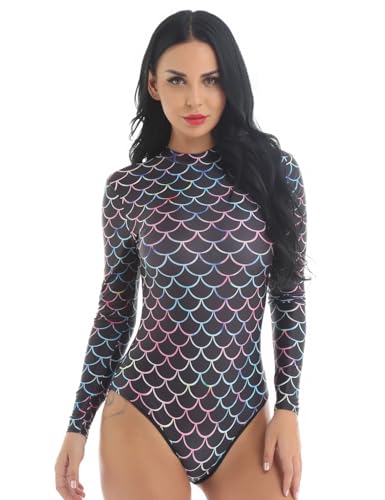 dPois Damen Langarm Meerjungfrau Badeanzug Bademode mit Fischschuppe Druck Frauen Schwimmanzug UV-Schutz Beachwear Badebekleidung für Schwimmen Surfen Tauchen Schwarz L/XL von dPois