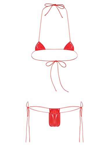 dPois Damen Mini Bikini Sexy Extrem Bademode Zweiteiliger Badeanzug Neckholder Oberteil Bikinihose String Lack Leder Wetlook Dessous Typ B Rot Einheitsgröße von dPois