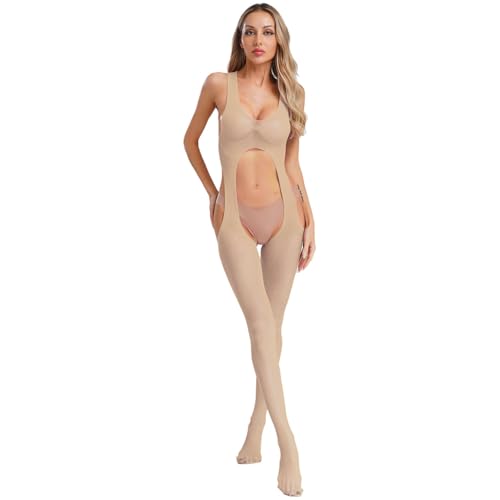 dPois Damen Netz Bodysuit Ouvert Bodystocking Offener Schritt Transparent Overall Ärmellos Catsuit mit Cut Out Unterwäsche Ouvert Dessous Nude Einheitsgröße von dPois
