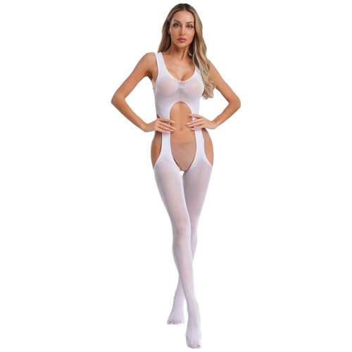 dPois Damen Netz Bodysuit Ouvert Bodystocking Offener Schritt Transparent Overall Ärmellos Catsuit mit Cut Out Unterwäsche Ouvert Dessous Weiß Einheitsgröße von dPois